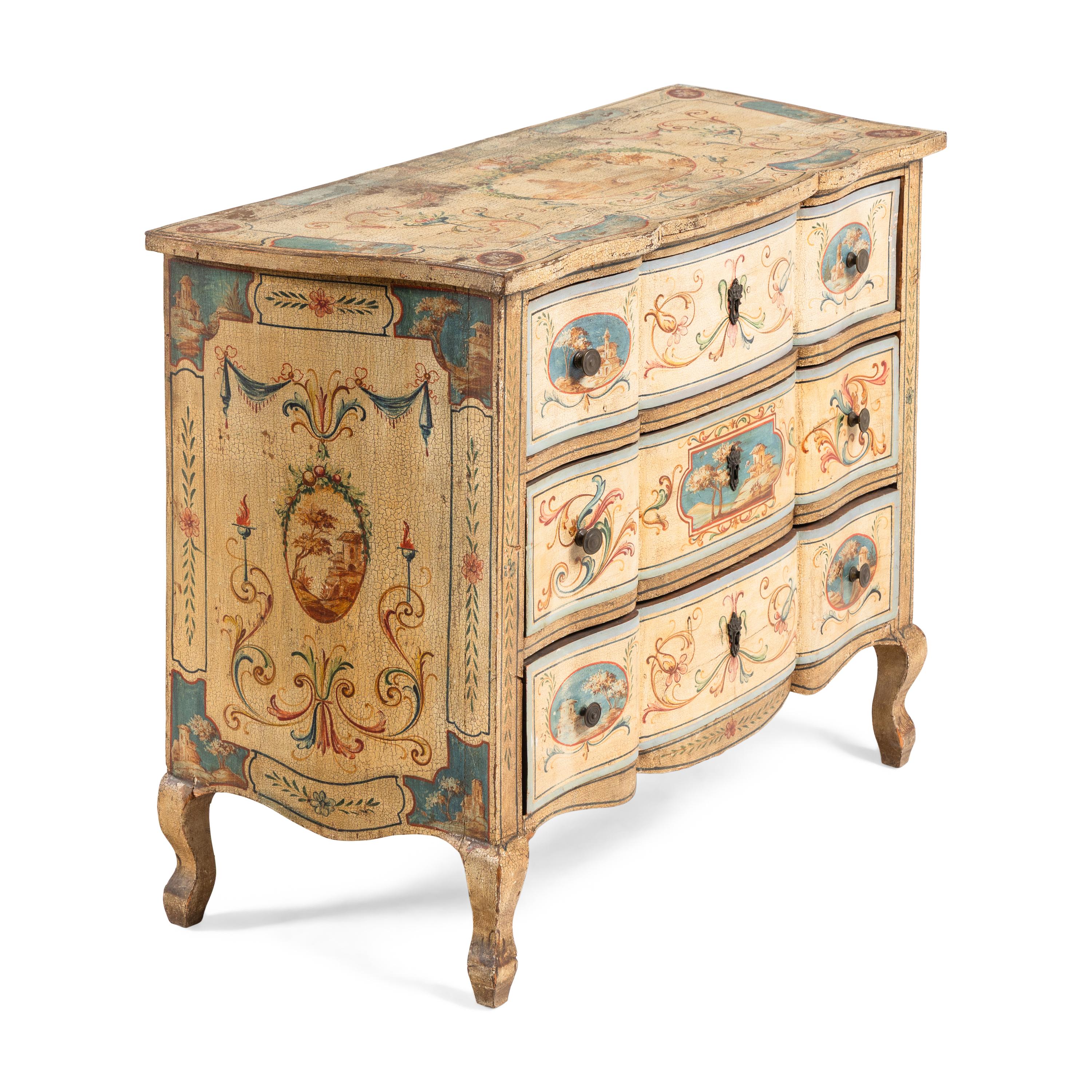 A Pair of Italian Neoclassical Painted Serpentine Chests of Drawers