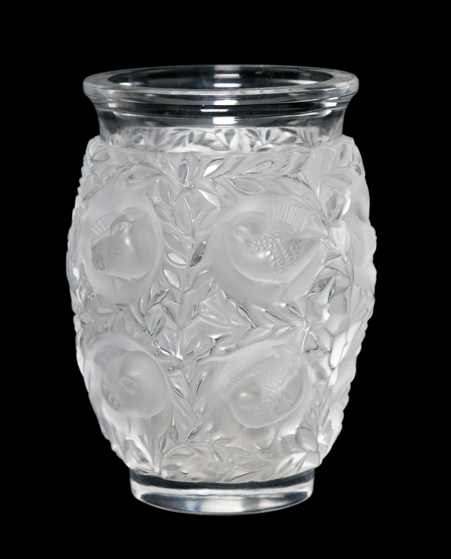 A Lalique Molded and Frosted Glass Vase, Height 6 3/4 inches.