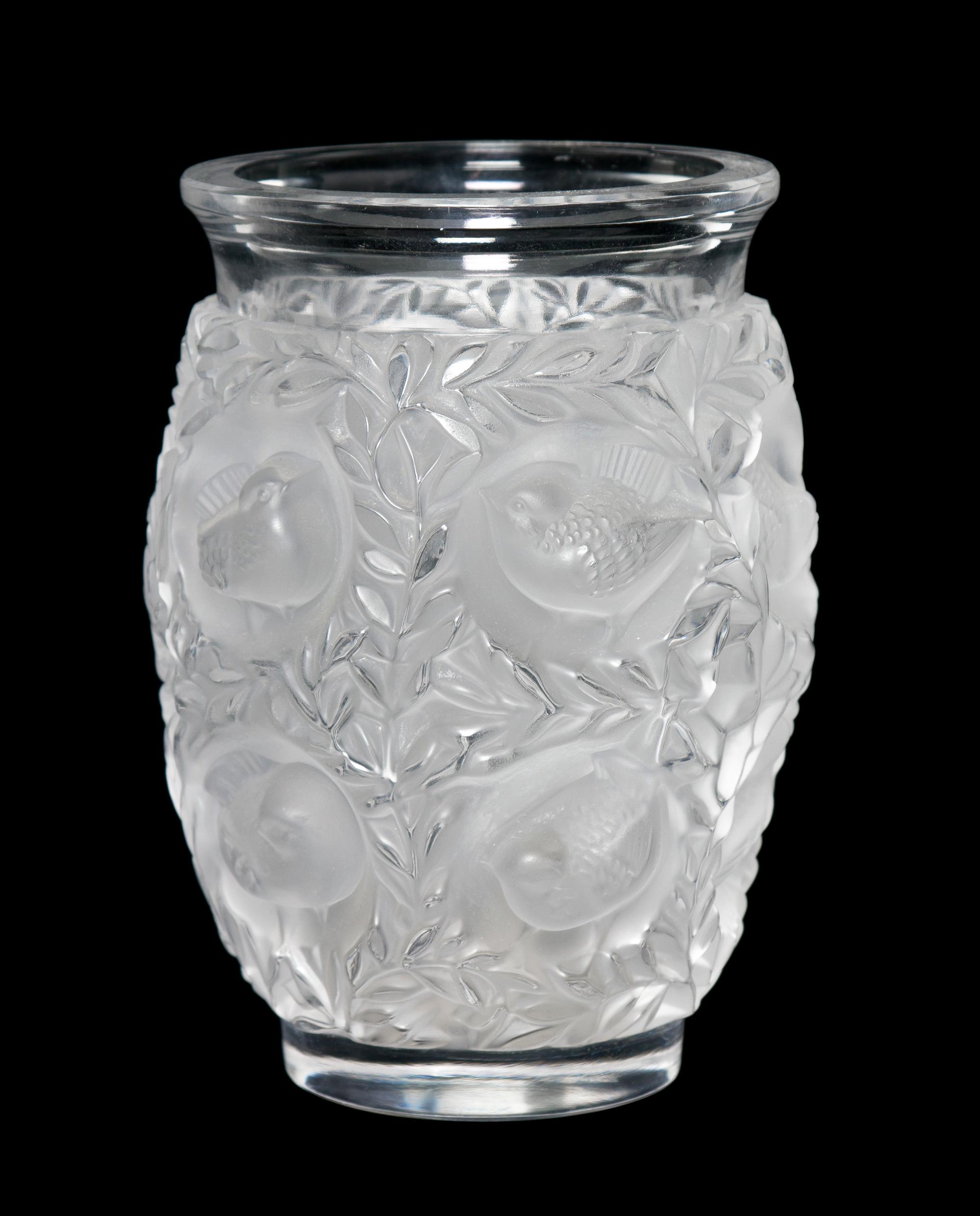 A Lalique Molded and Frosted Glass Vase, Height 6 3/4 inches.
