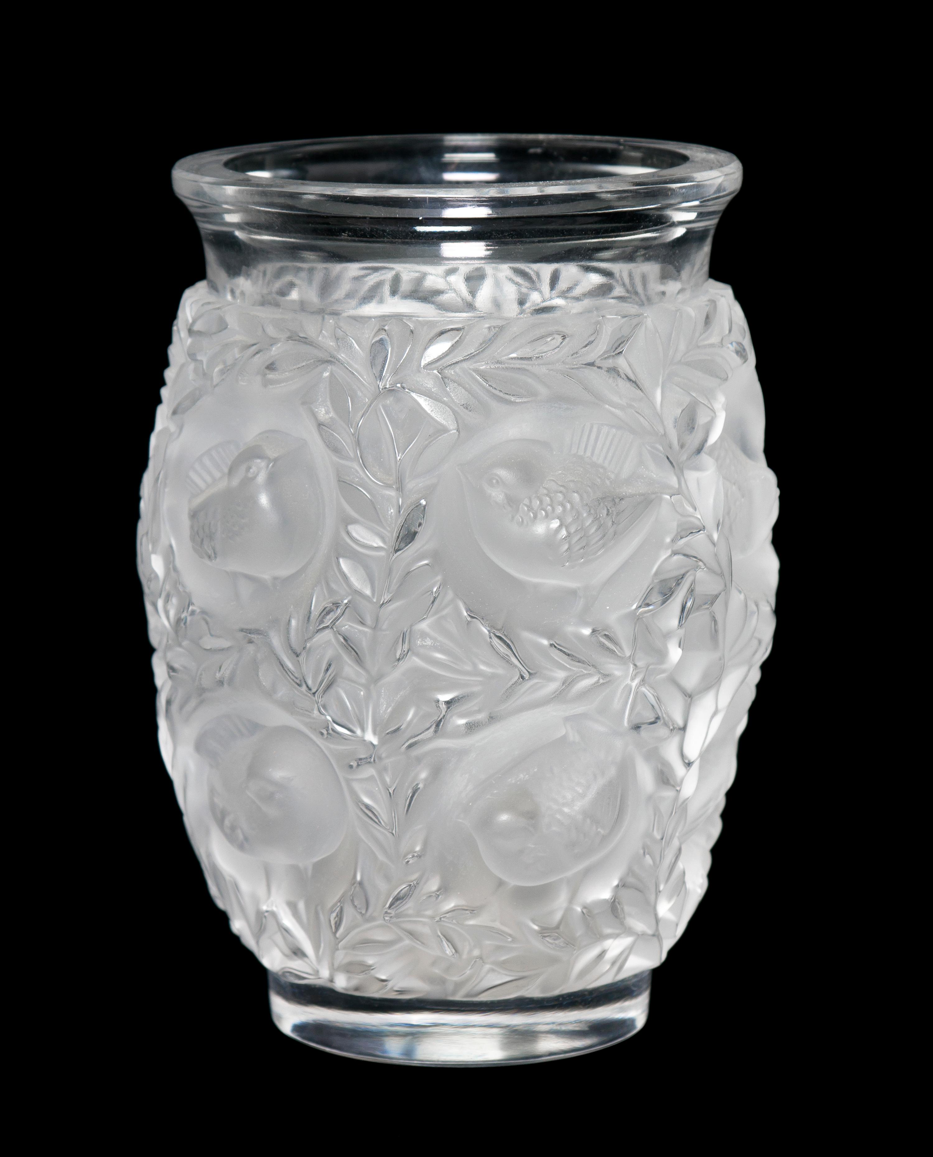 A Lalique Molded and Frosted Glass Vase, Height 6 3/4 inches.