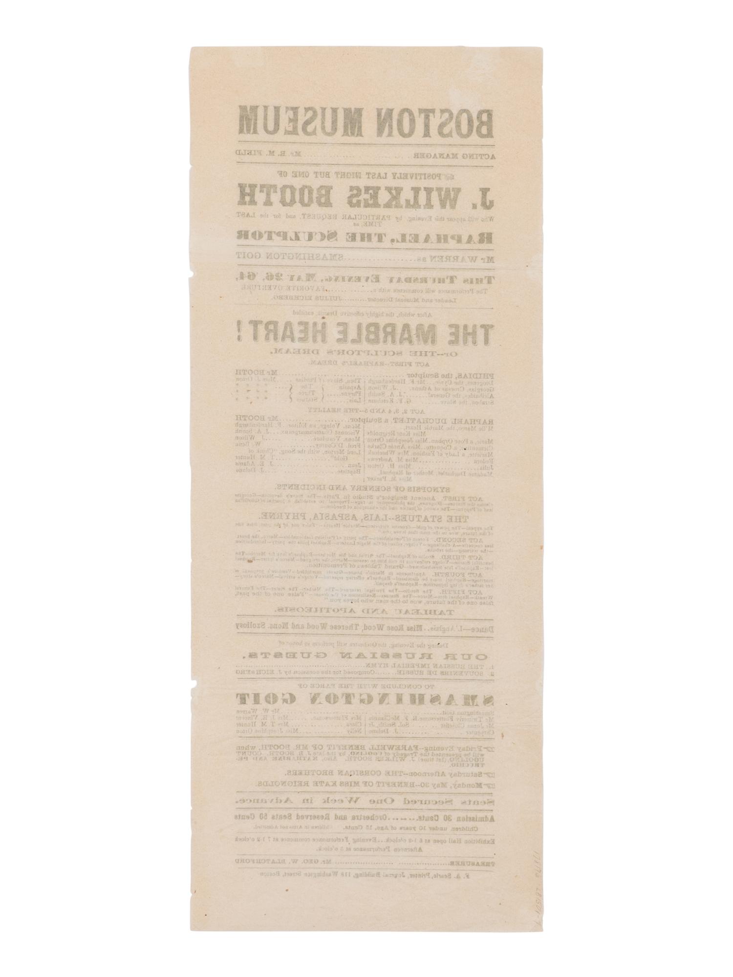 [BOOTH, John Wilkes (1838-1865)]. A broadside playbill for Booth's performance as Raphael in The Marble Heart at the Boston Museum, 26 May 1864.