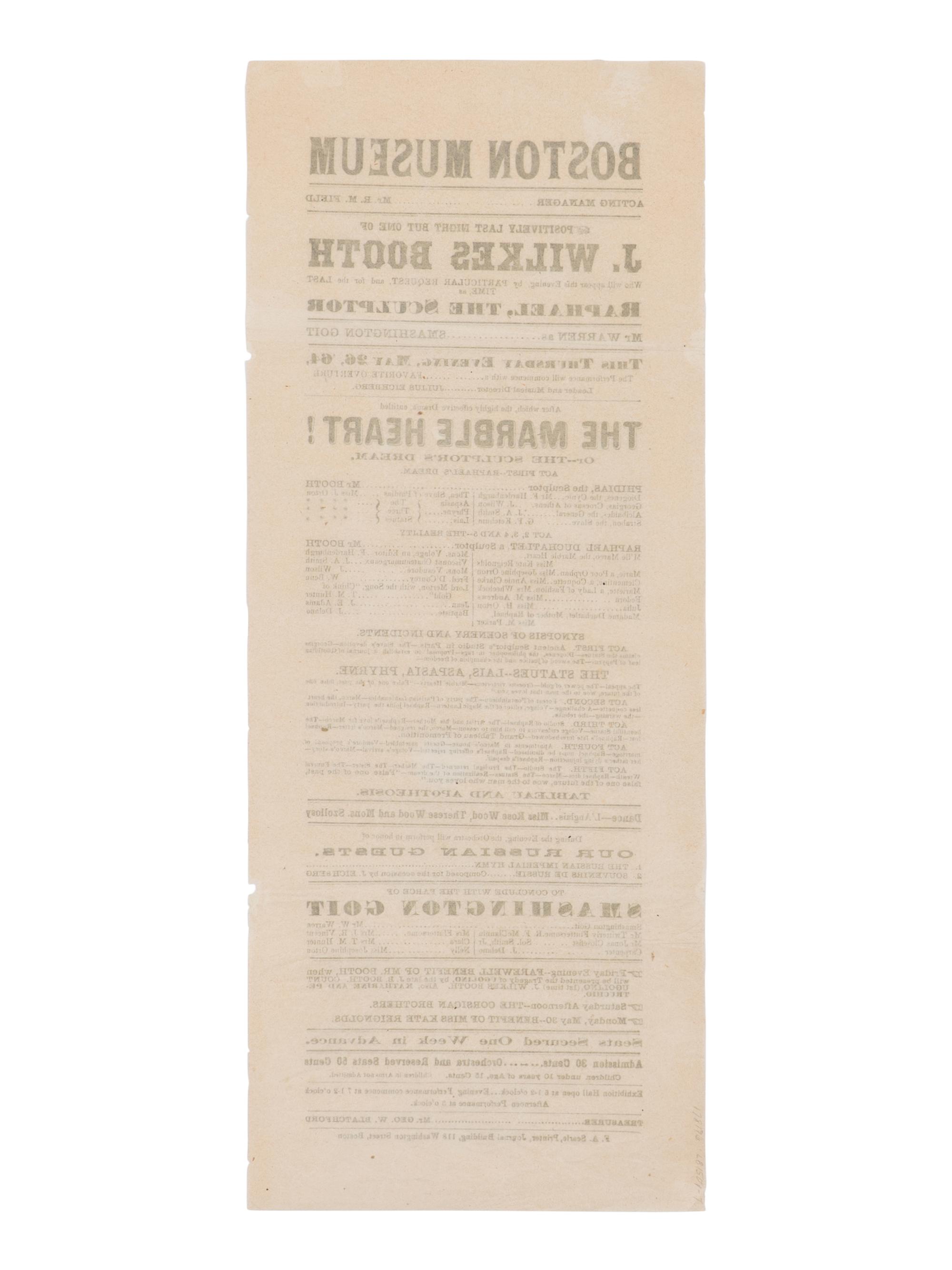 [BOOTH, John Wilkes (1838-1865)]. A broadside playbill for Booth's performance as Raphael in The Marble Heart at the Boston Museum, 26 May 1864.