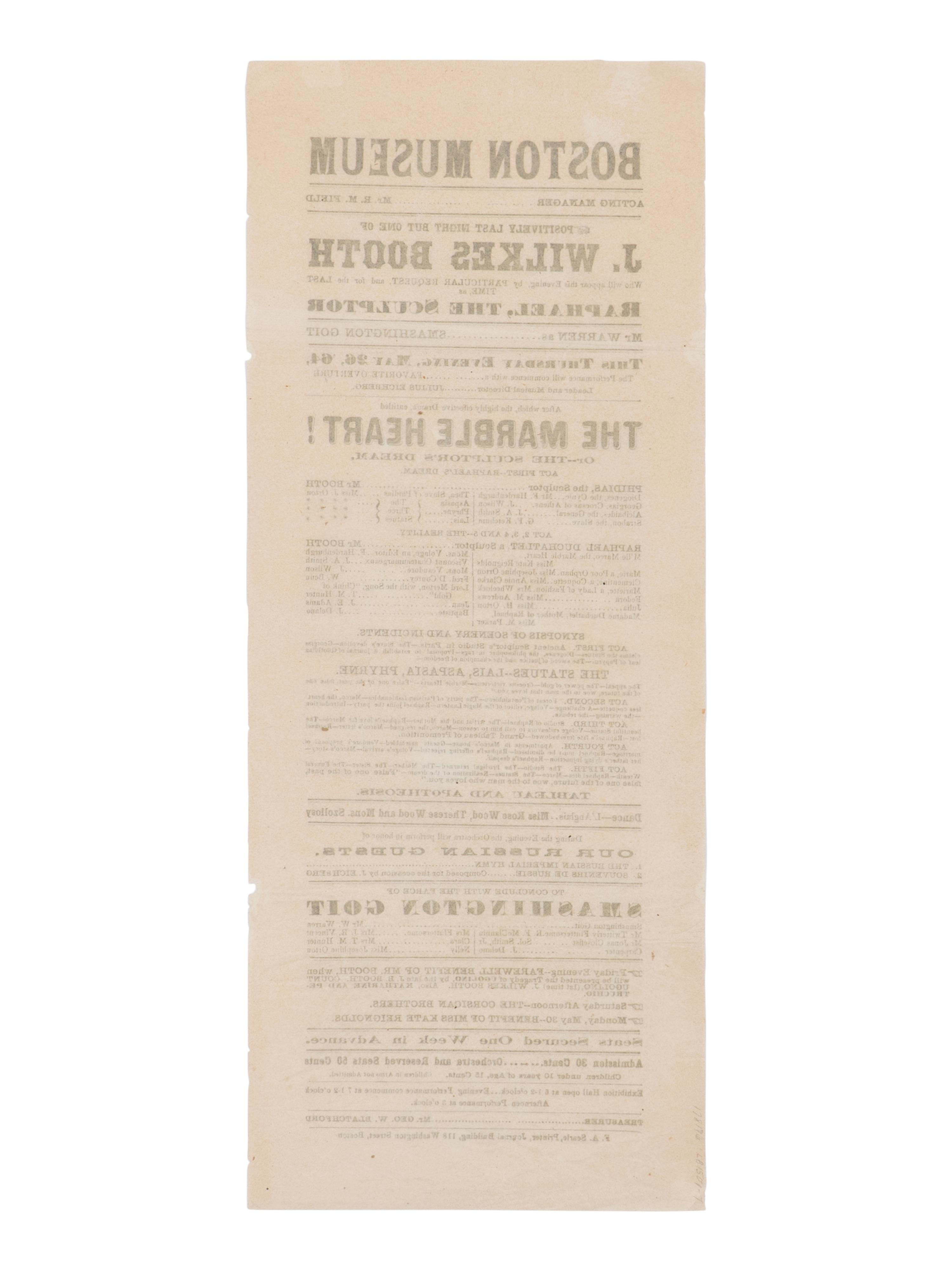 [BOOTH, John Wilkes (1838-1865)]. A broadside playbill for Booth's performance as Raphael in The Marble Heart at the Boston Museum, 26 May 1864.
