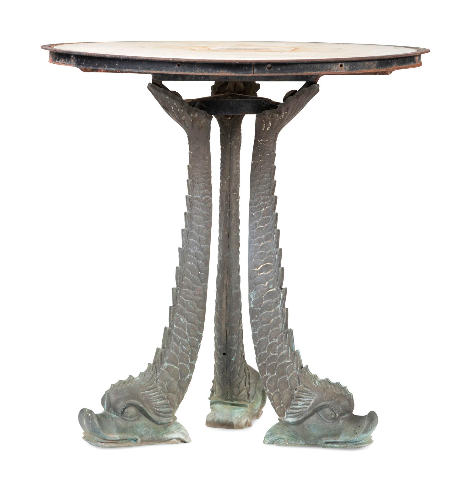A Grotto Style Marble Inset Cast Iron and Bronze Dolphin-Base Pedestal Table
