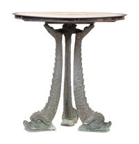 A Grotto Style Marble Inset Cast Iron and Bronze Dolphin-Base Pedestal Table