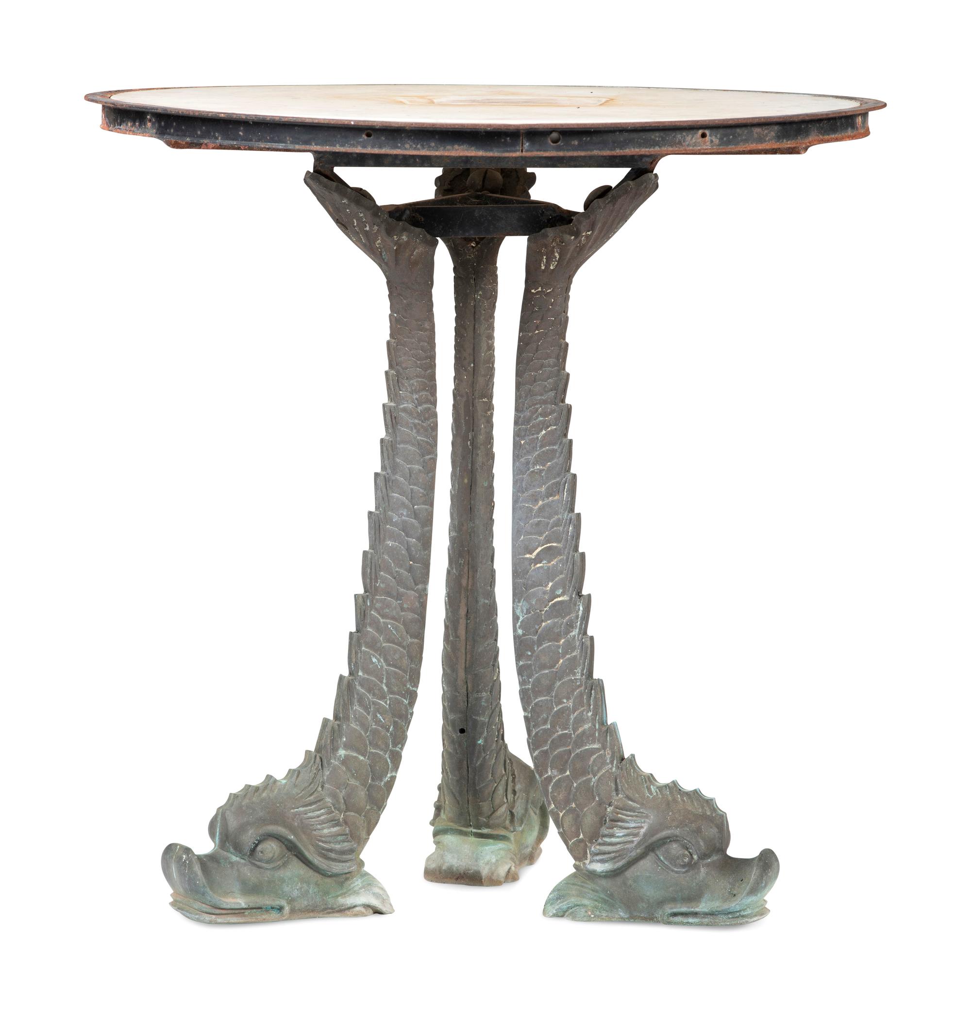 A Grotto Style Marble Inset Cast Iron and Bronze Dolphin-Base Pedestal Table