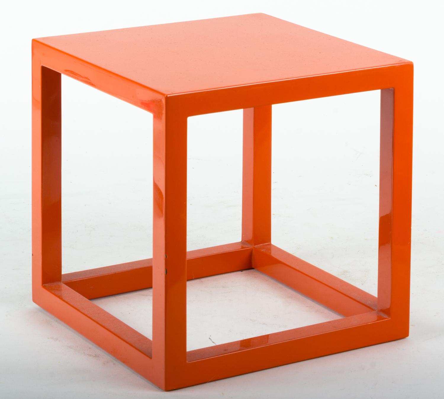 A Painted Metal Open Cube-Form Stand by Jonathan Adler Height 9 x width 9 x depth 9 inches.