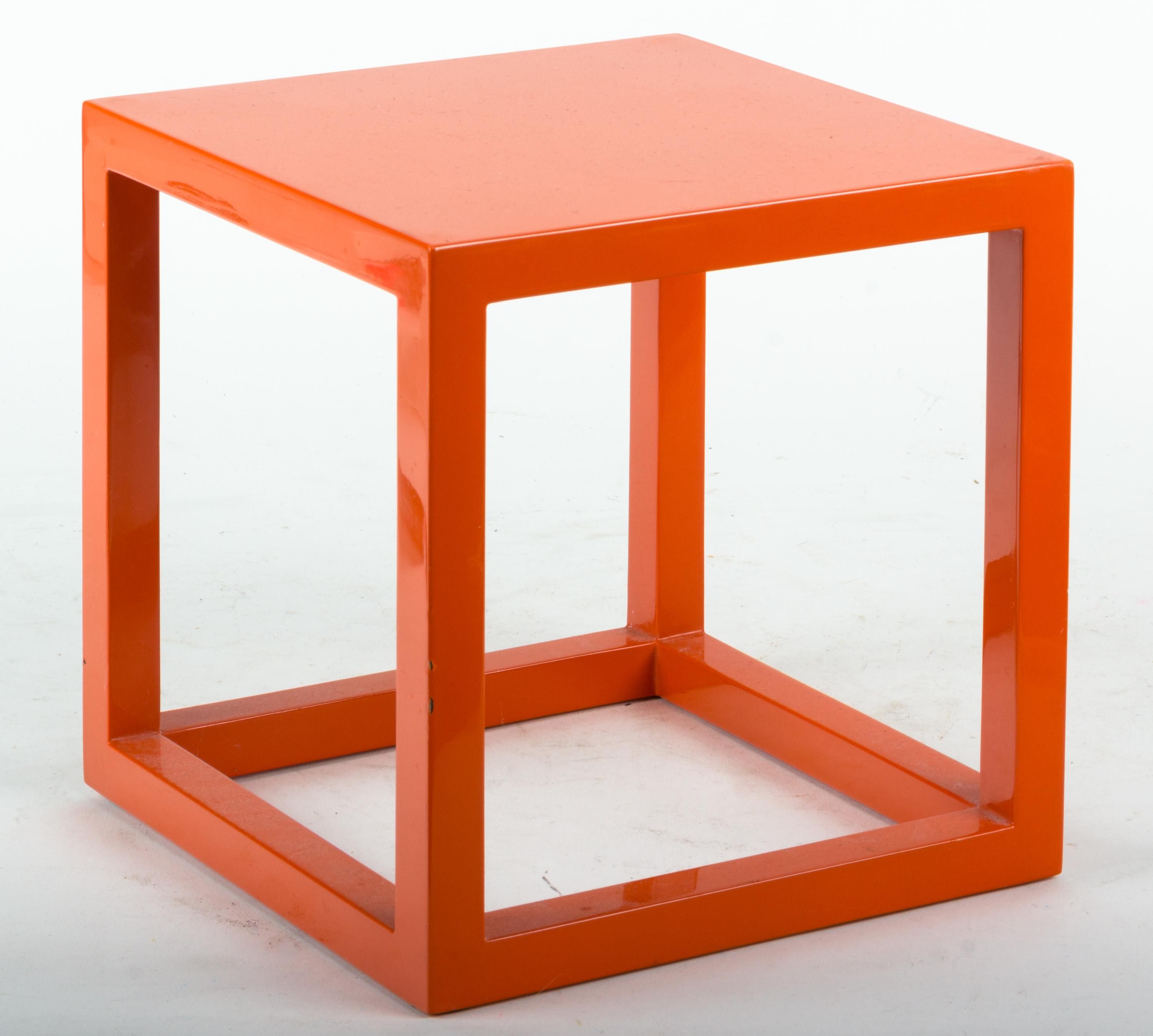 A Painted Metal Open Cube-Form Stand by Jonathan Adler Height 9 x width 9 x depth 9 inches.