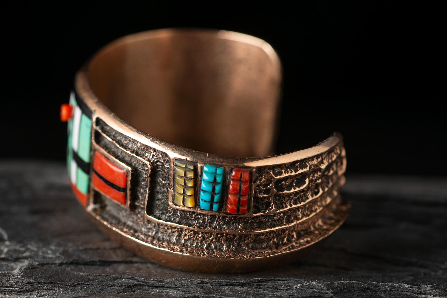14K Gold Tufa Cast Cuff Bracelet, with Mosaic Inlay Katsina