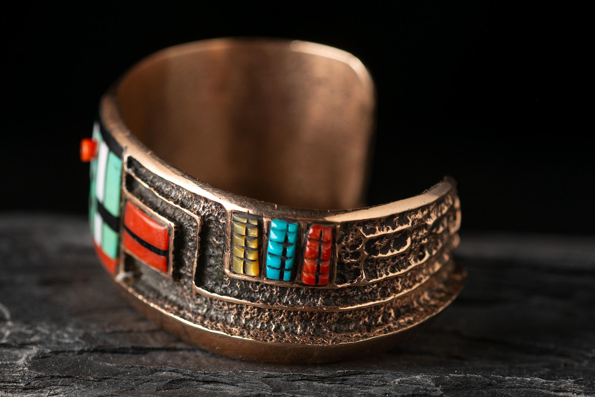 14K Gold Tufa Cast Cuff Bracelet, with Mosaic Inlay Katsina