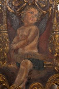 A Pair of Large Italian Tapestry-Inset Painted Wood Sconces