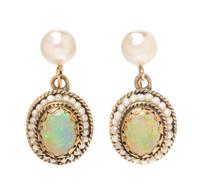 A Pair of 14 Karat Yellow Gold, Opal and Cultured Pearl Drop Earrings, 2.50 dwts.