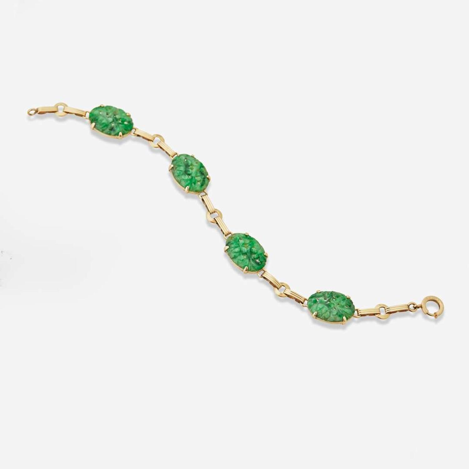 A Set of 14K Yellow Gold and Jadeite Necklace and Bracelet