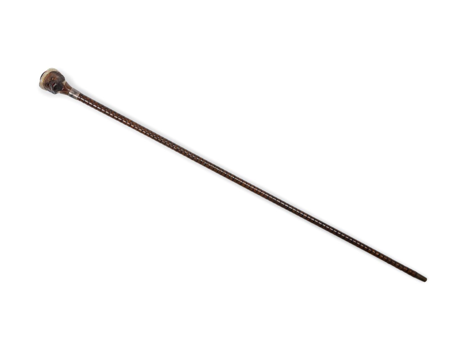 An English Silver and Glass Mounted Carved Wood Automaton Monkey Walking Stick
