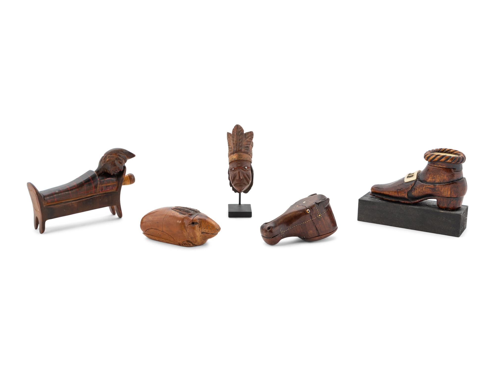 A Group of 8 Folk Art Carved Snuff Boxes and Pipe Stems