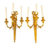 A Pair of Regence Style Gilt Bronze Three-Light Sconces
