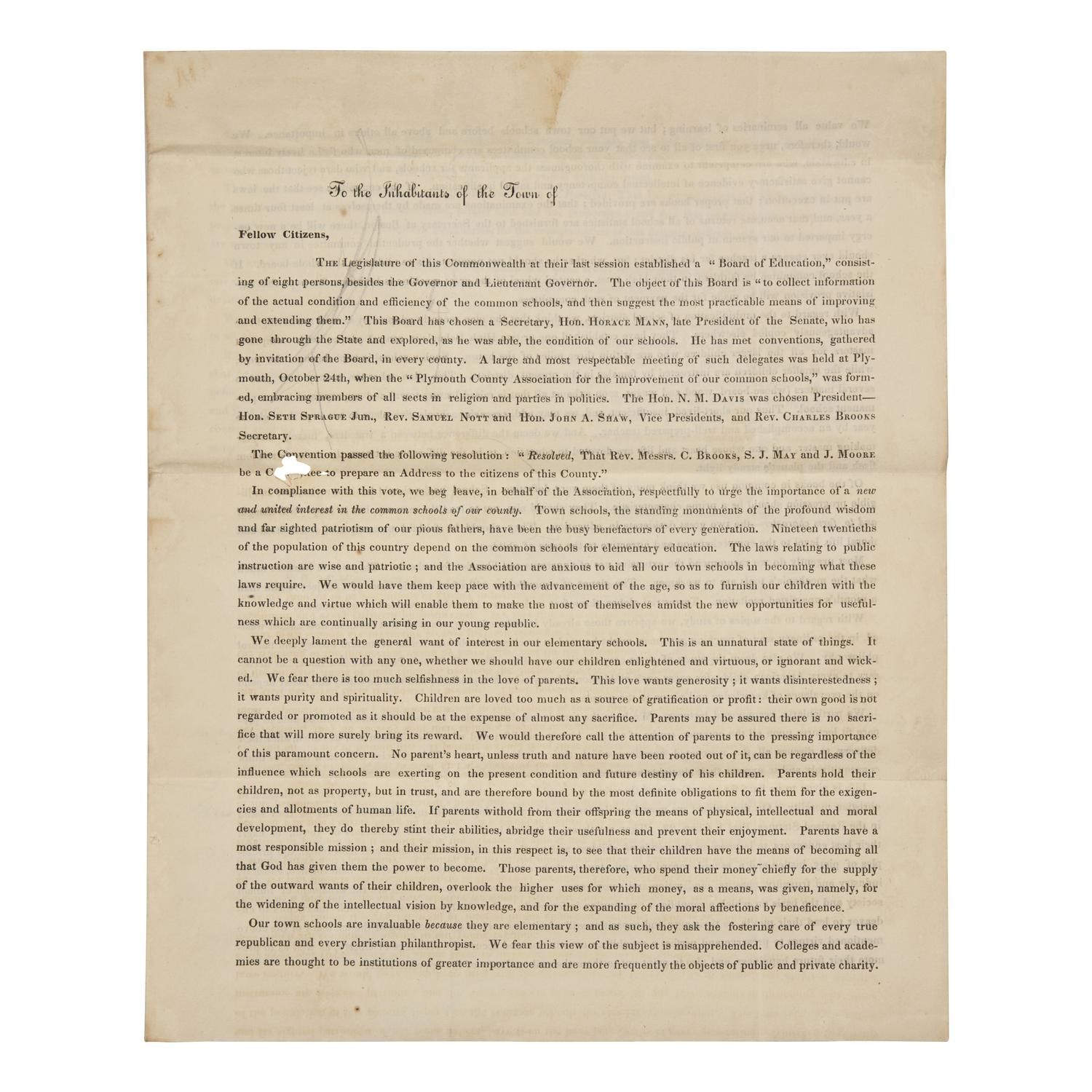 [Education] Brooks, Charles and Catherwood, Frederick. Printed Education Circular, with a Short Autograph Note
