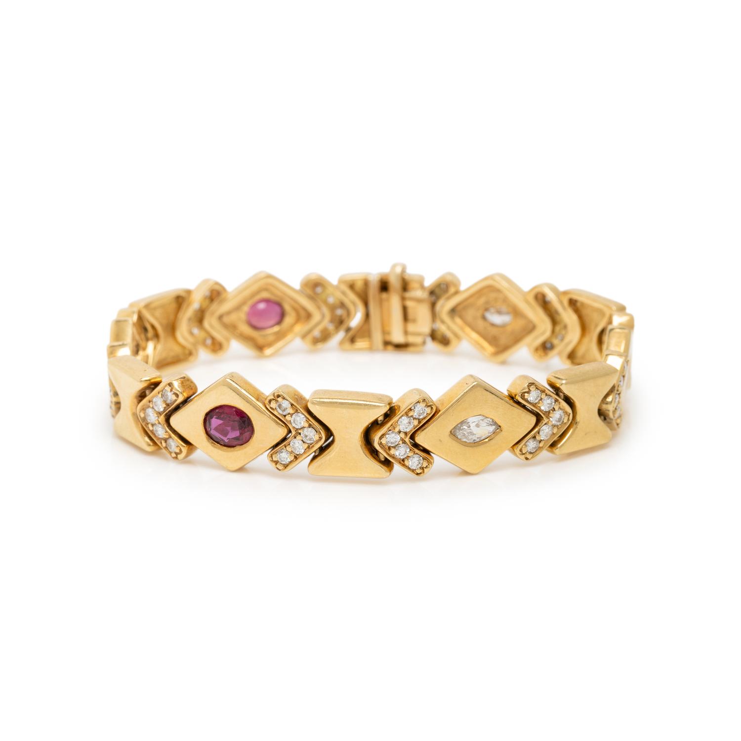 DIAMOND, RUBY, AND YELLOW GOLD BRACELET