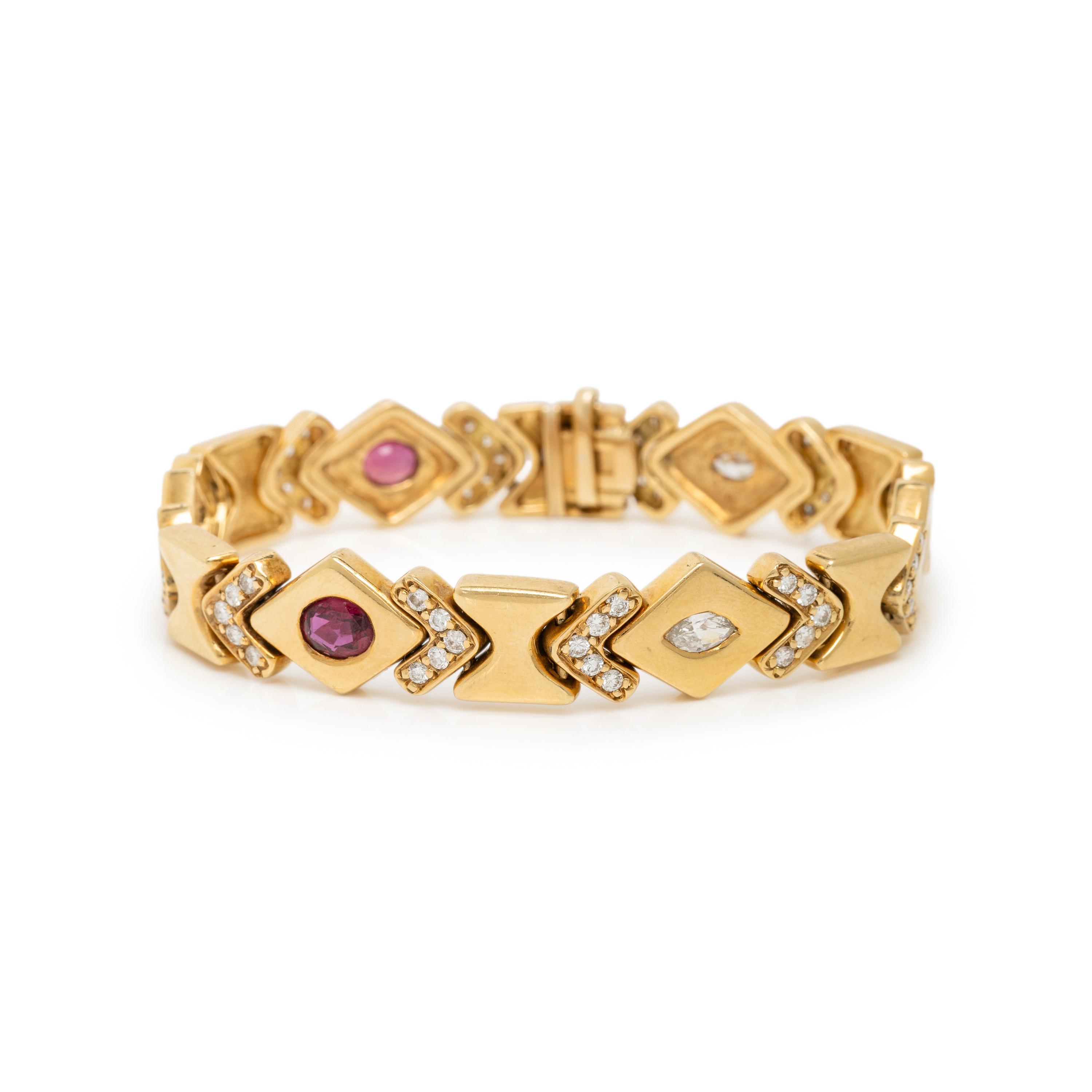 DIAMOND, RUBY, AND YELLOW GOLD BRACELET