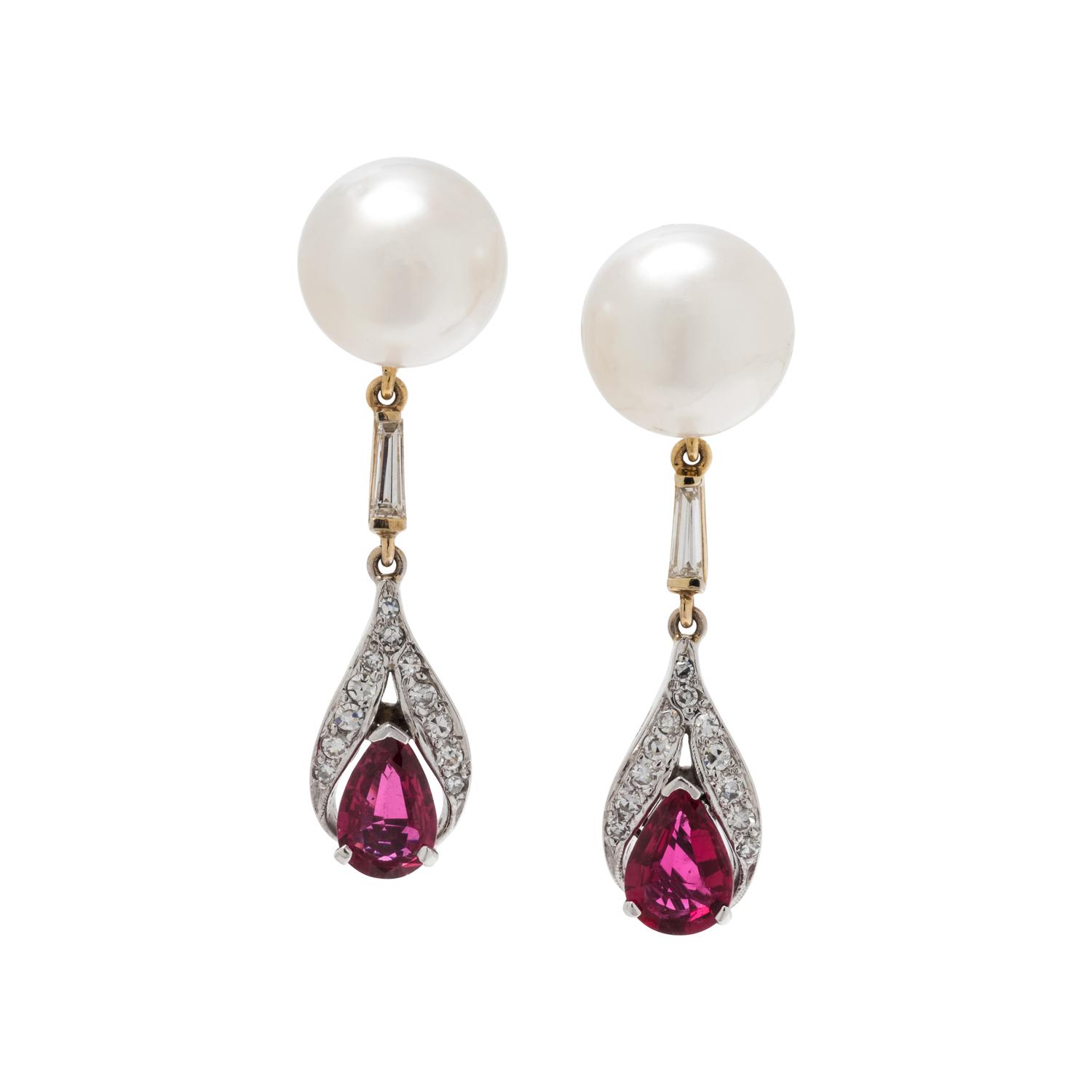 CULTURED SOUTH SEA PEARL, DIAMOND AND SYNTHETIC RUBY EARRINGS