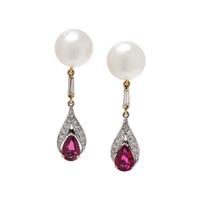 CULTURED SOUTH SEA PEARL, DIAMOND AND SYNTHETIC RUBY EARRINGS
