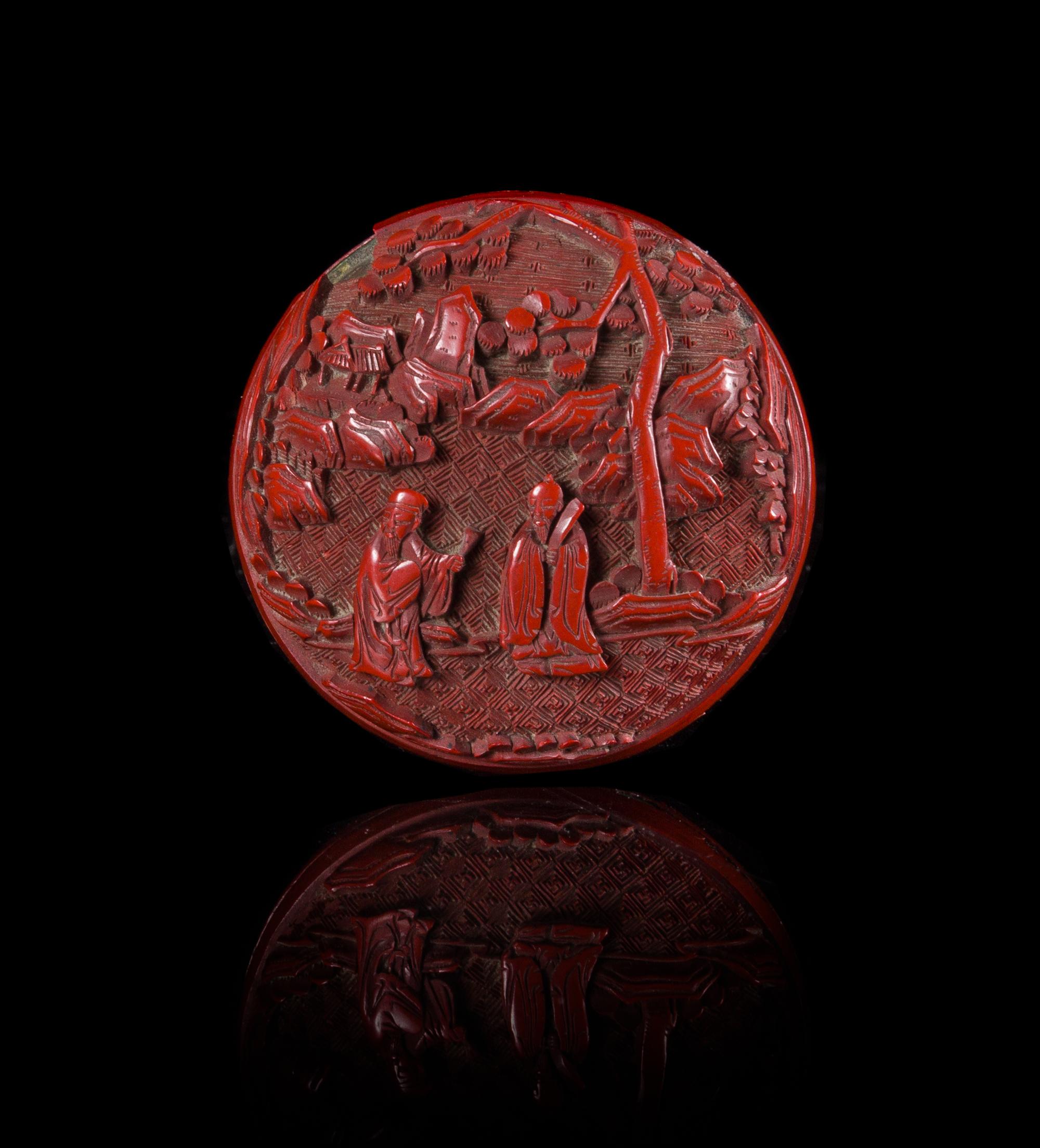 A Small Carved Red Lacquer Circular Covered Box Diameter 2 1/4 inches. — 19TH/EARLY 20TH CENTURY