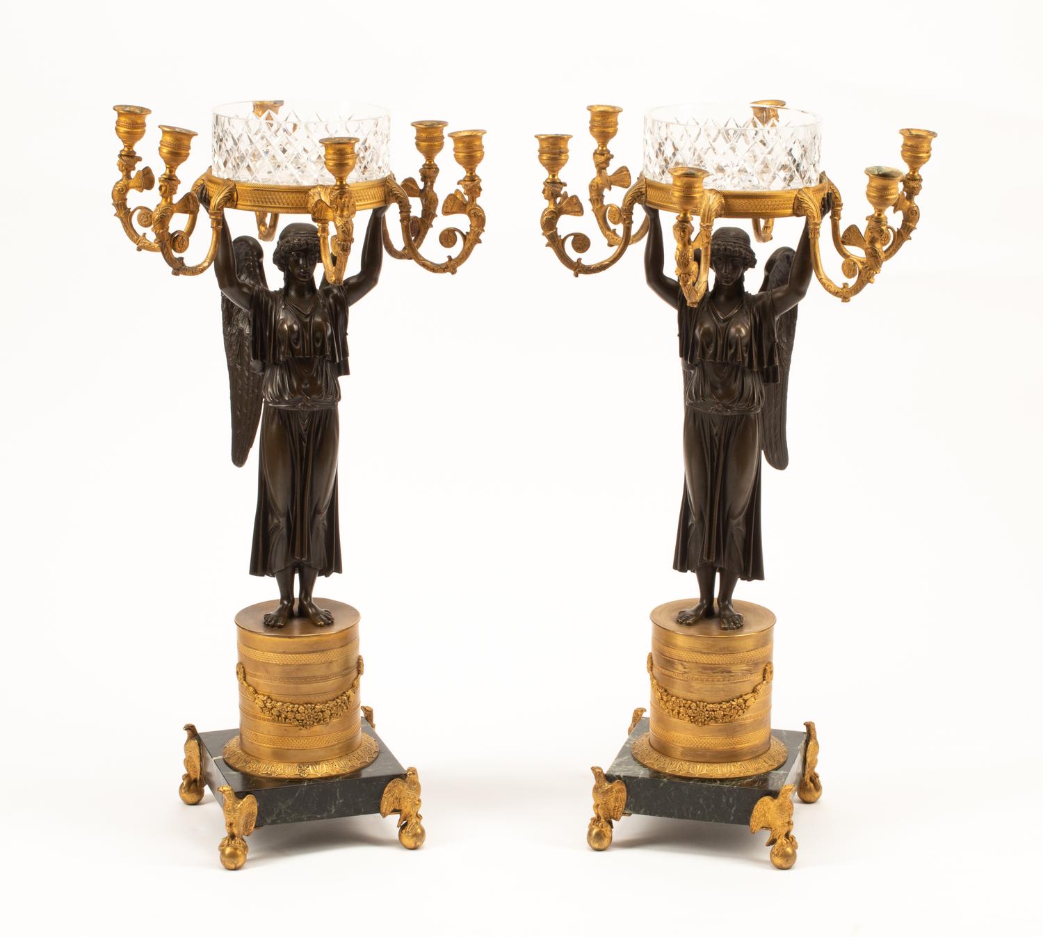 A Pair of Empire Style Gilt and Patinated Bronze Figural Candelabra with Cut Glass Cache Pots