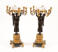 A Pair of Empire Style Gilt and Patinated Bronze Figural Candelabra with Cut Glass Cache Pots