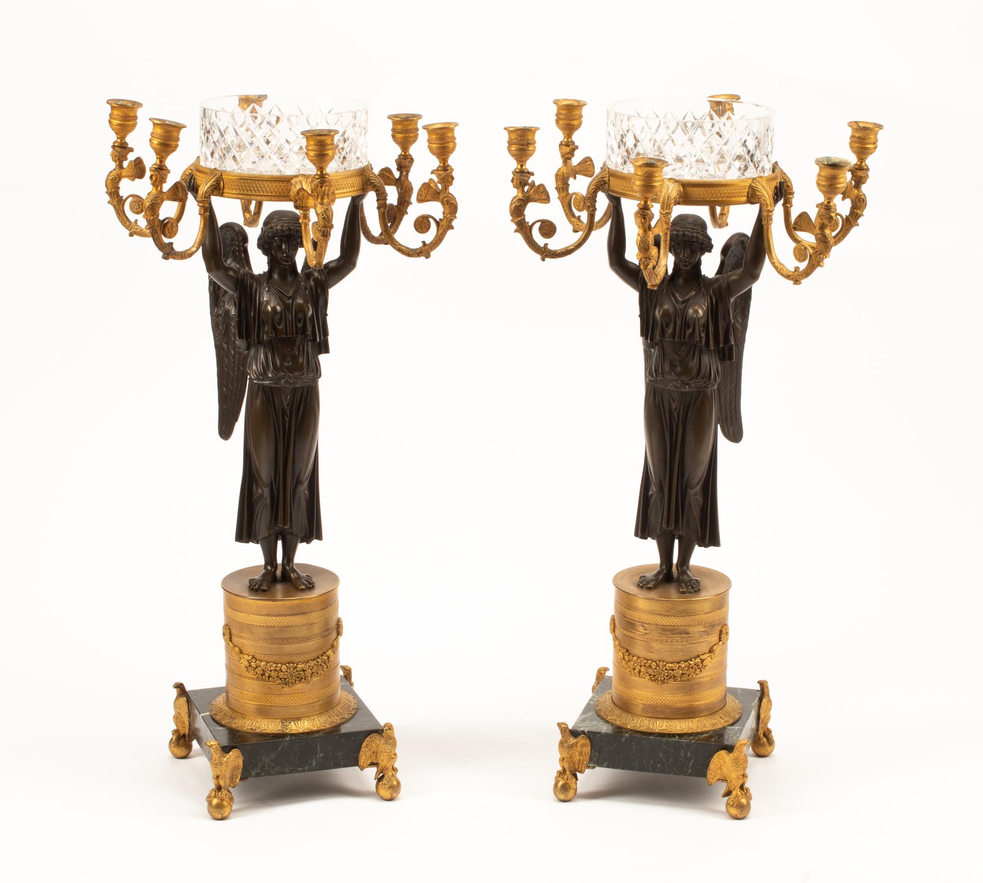 A Pair of Empire Style Gilt and Patinated Bronze Figural Candelabra with Cut Glass Cache Pots