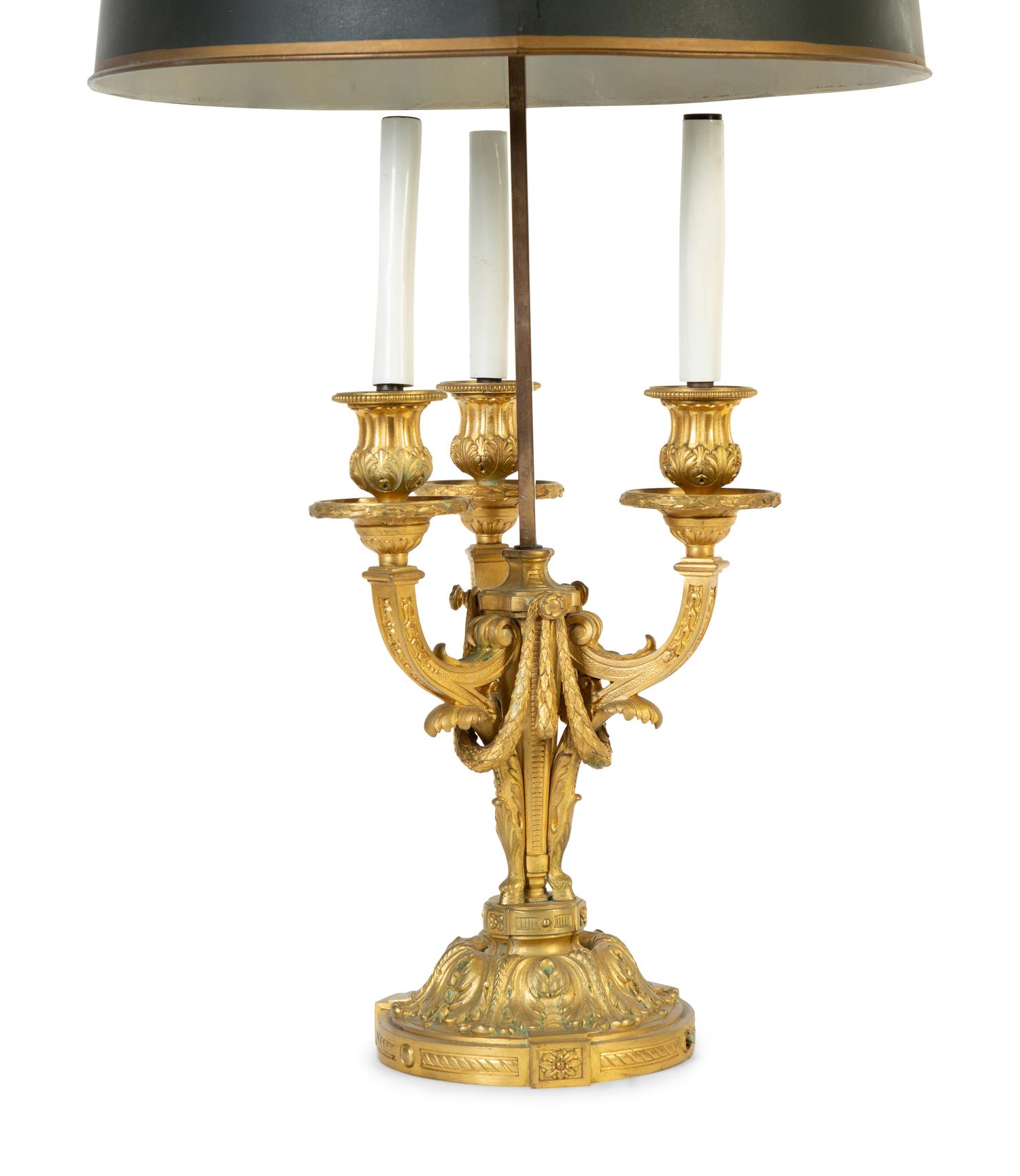 A Louis XVI Style Gilt Bronze Bouillotte Lamp with Tole Shade — 19TH CENTURY