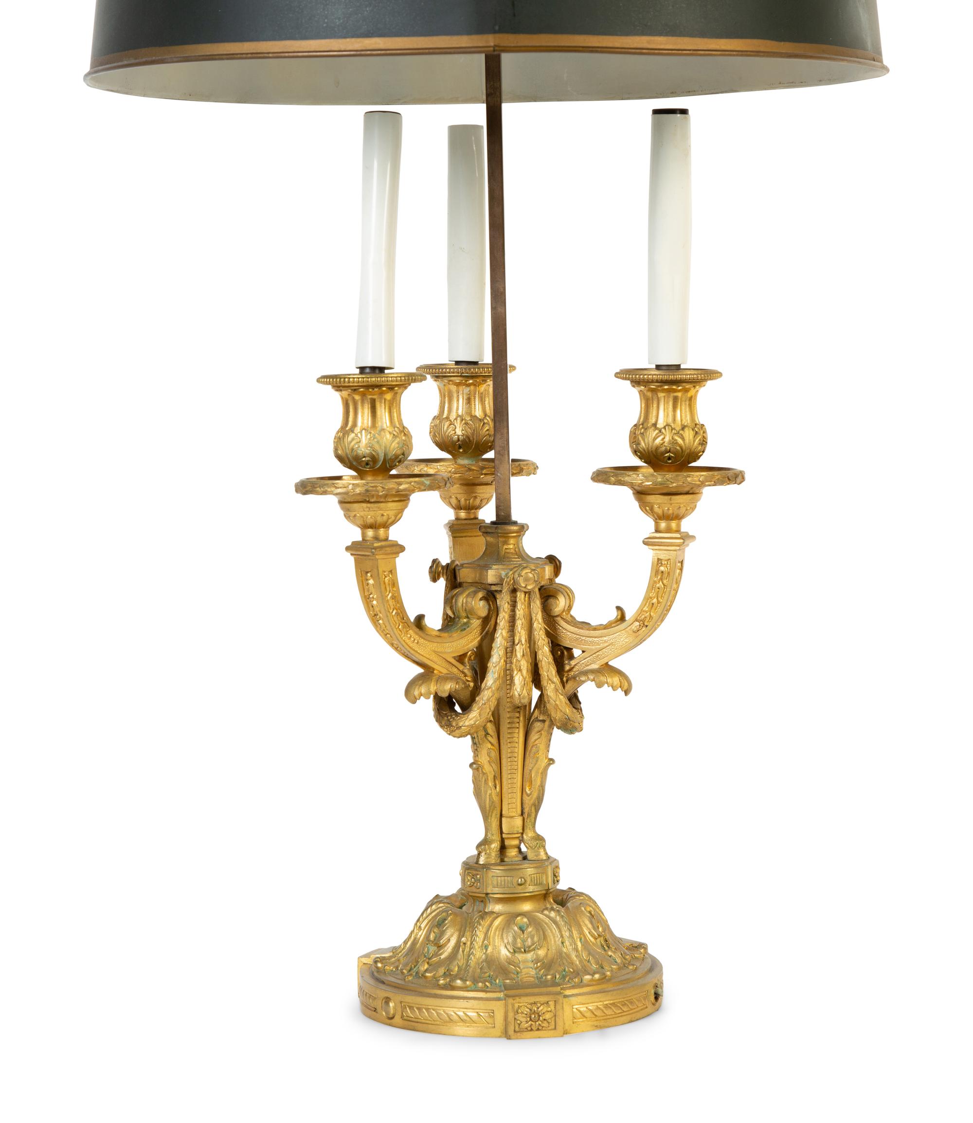 A Louis XVI Style Gilt Bronze Bouillotte Lamp with Tole Shade — 19TH CENTURY