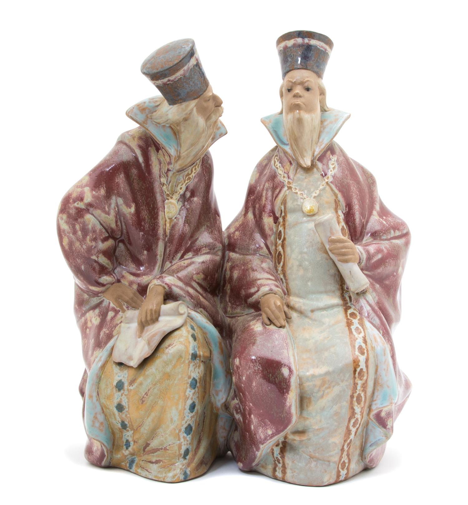 A Lladro Glazed Terracotta Figural Group of Two Scholars Height 11 1/2 inches. — 20TH CENTURY