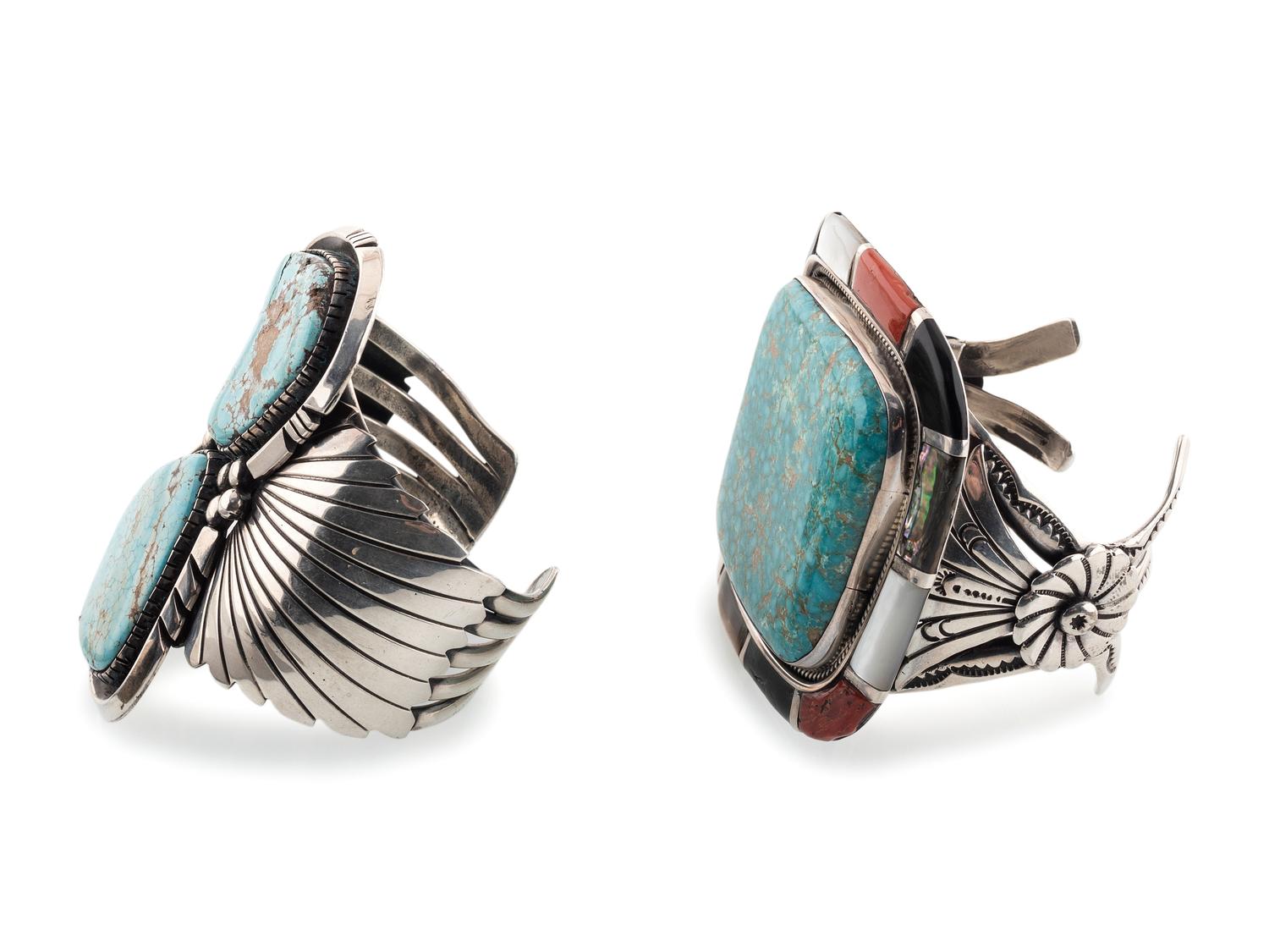 Large Navajo Silver and Turquoise Cuff Bracelets