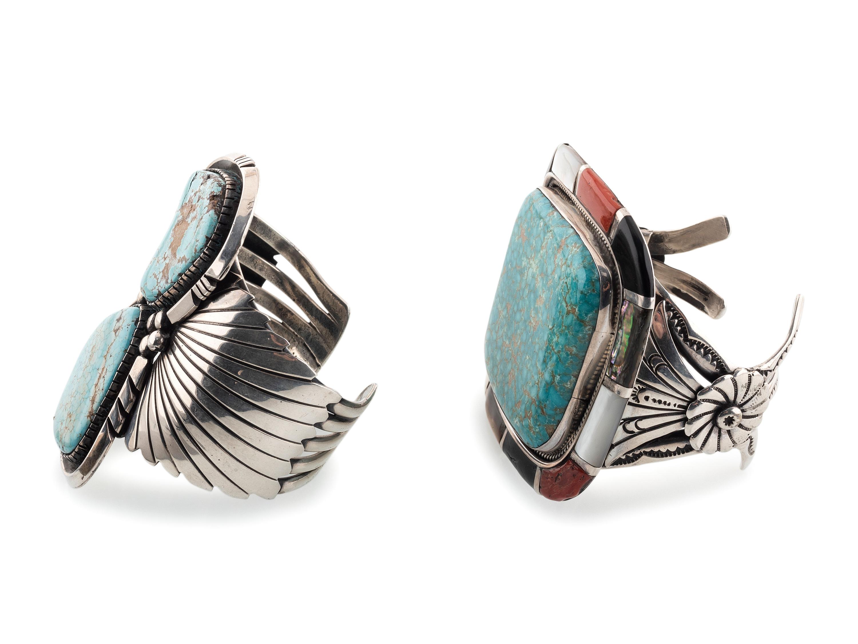 Large Navajo Silver and Turquoise Cuff Bracelets