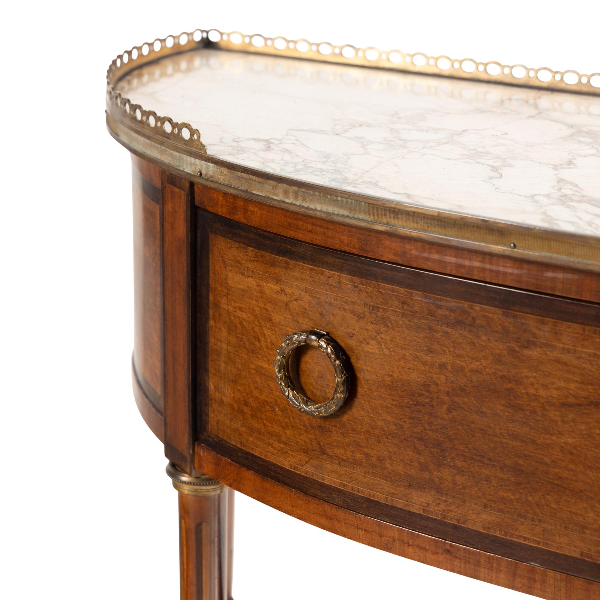 A Pair of Louis XVI Style Satinwood, Gilt Bronze Mounted and Marble-Top Console Tables