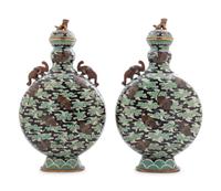 A Pair of Chinese Export Cloisonné Moon Flasks with Covers