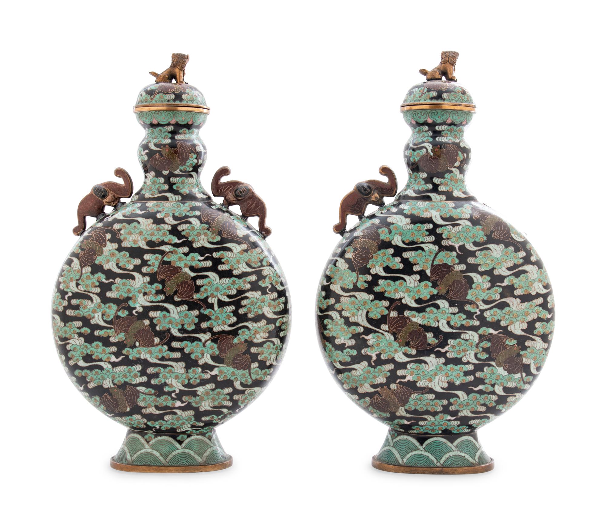 A Pair of Chinese Export Cloisonné Moon Flasks with Covers