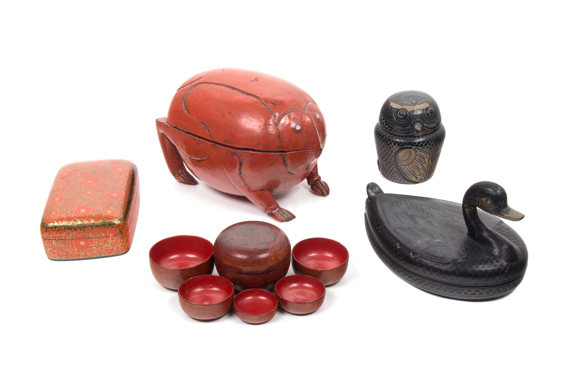 Five Southeast Asian Lacquered Boxes Height of largest 6 inches.