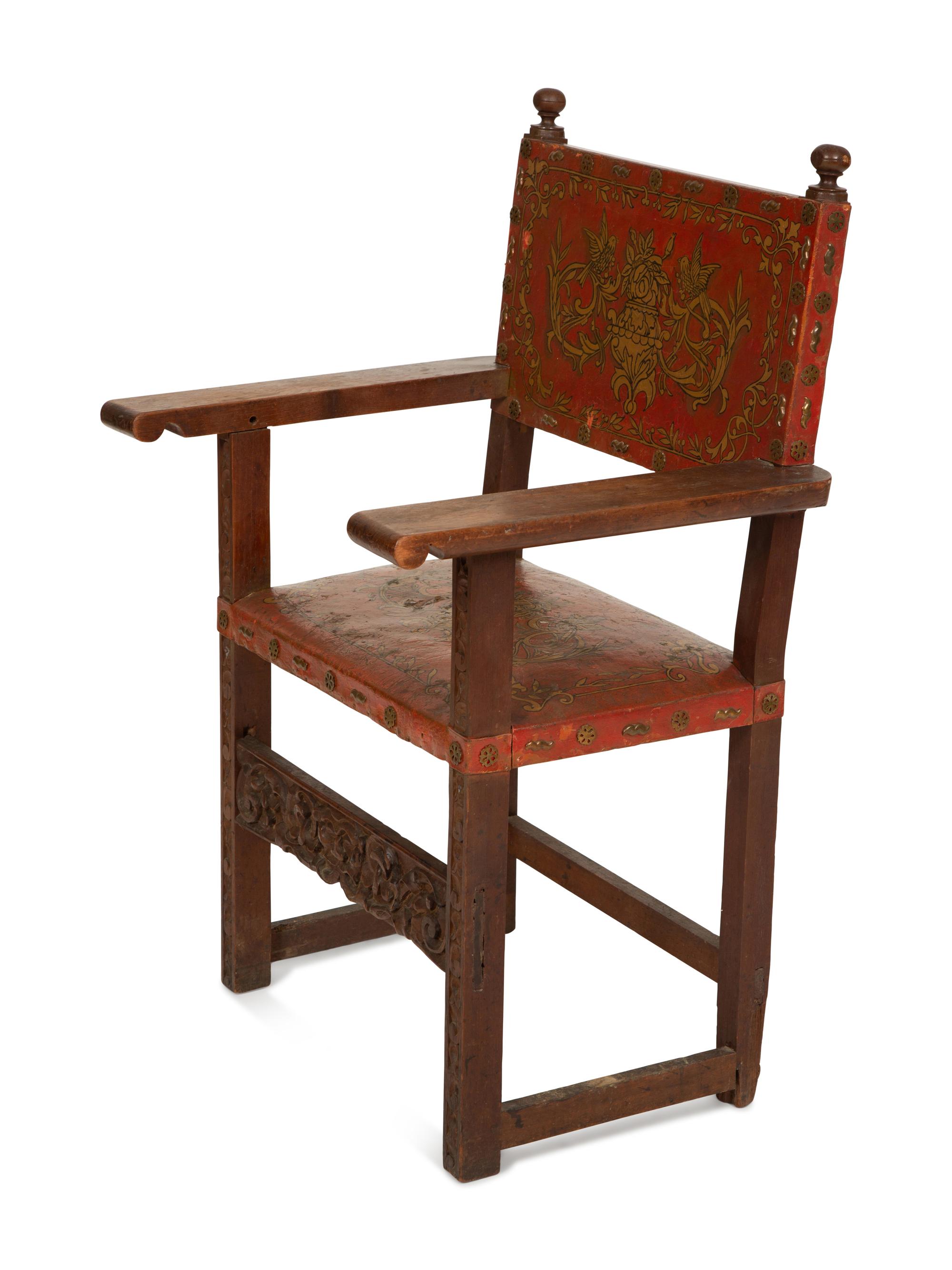 An Italian Baroque Style Carved Oak Open Armchair with Painted Leather Back and Seat