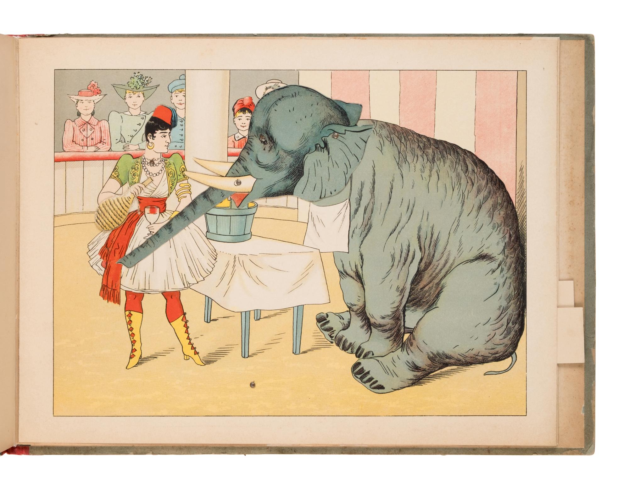 [Movable Book]. Meggendorfer, Lothar (1847-1925). Lebendes Affentheater. Ein Ziehbilderbuch . [ The Monkey Theatre. A Moveable Toybook ]. Munich: J.F. Schreiber, n.d. [ca 1893].
