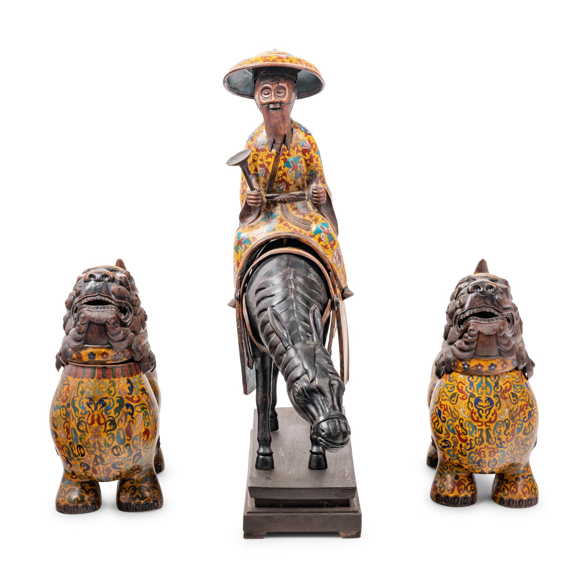 Three Chinese Yellow Ground Cloisonné Enameled Figural Articles