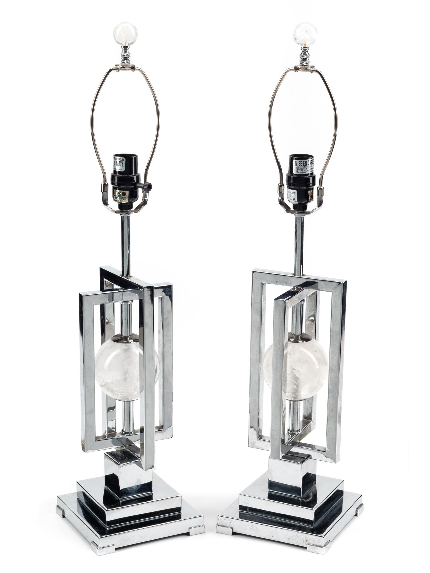 A Pair of Contemporary Chrome and Rock Crystal Table Lamps