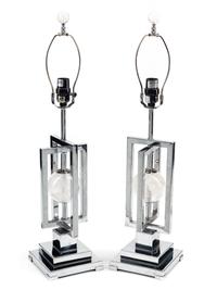 A Pair of Contemporary Chrome and Rock Crystal Table Lamps