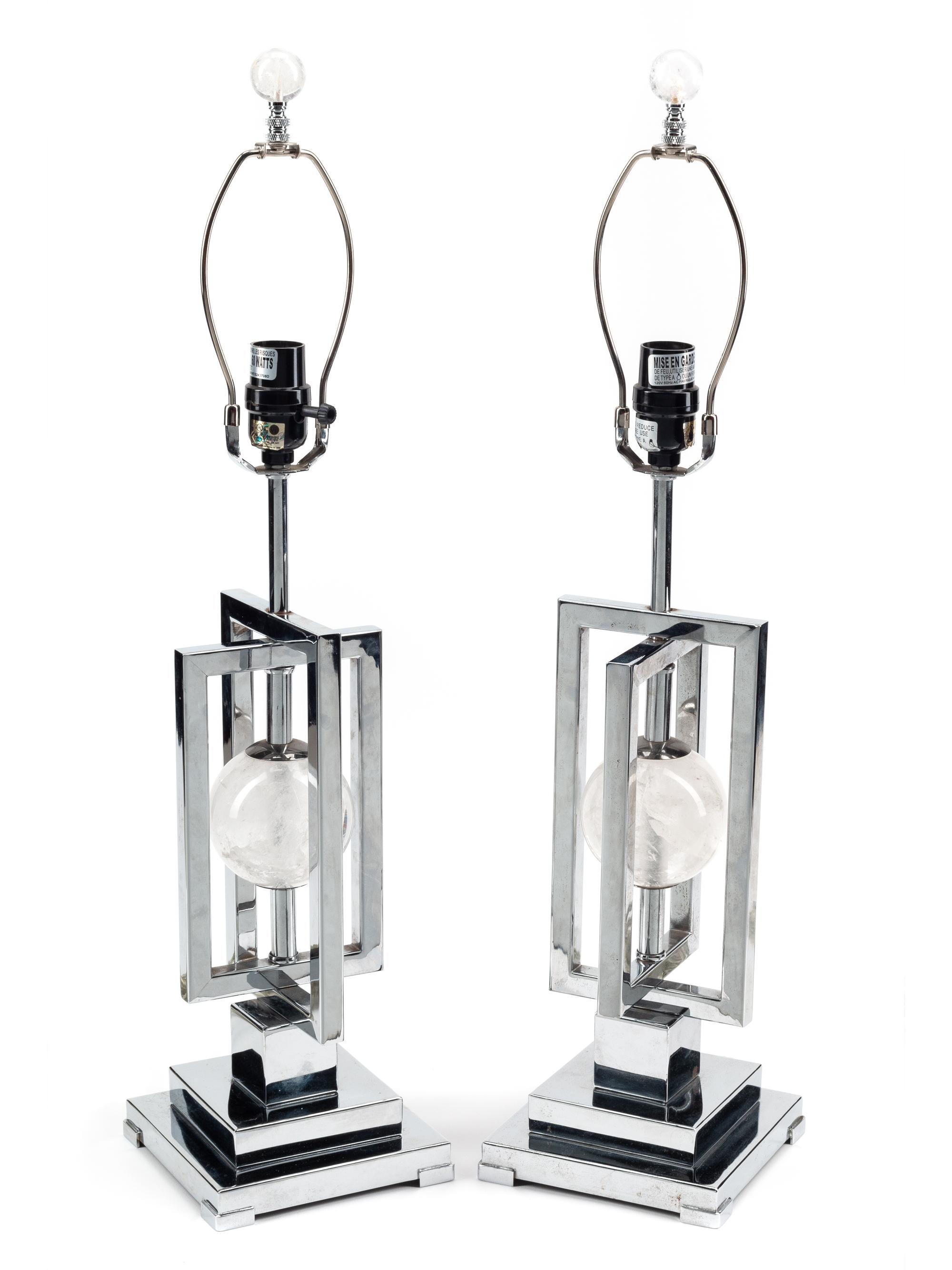 A Pair of Contemporary Chrome and Rock Crystal Table Lamps