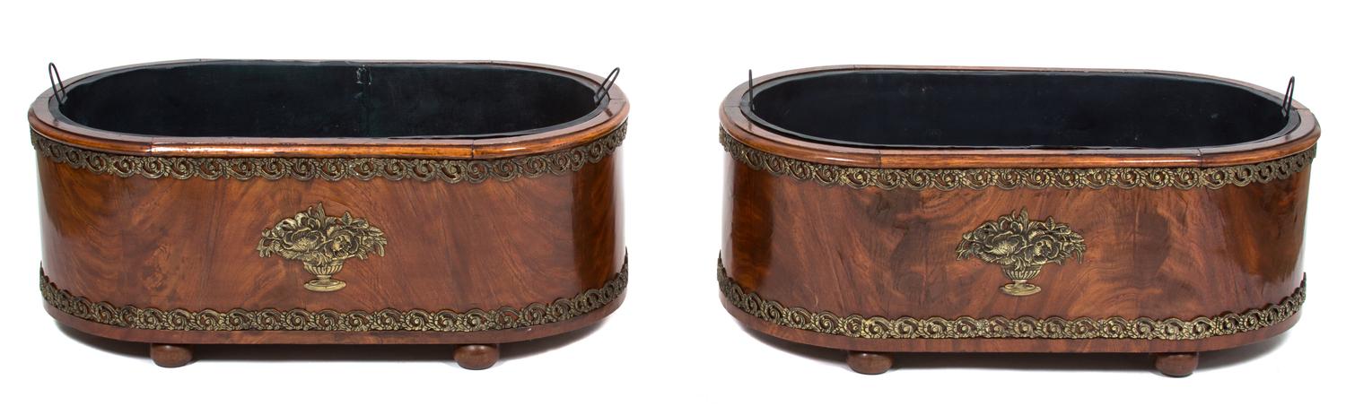 A Pair of French Empire Style Gilt Metal Mounted Mahogany Jardinieres Height 13 3/4 x width 35 1/2 x depth 19 1/2 inches. — 19TH CENTURY