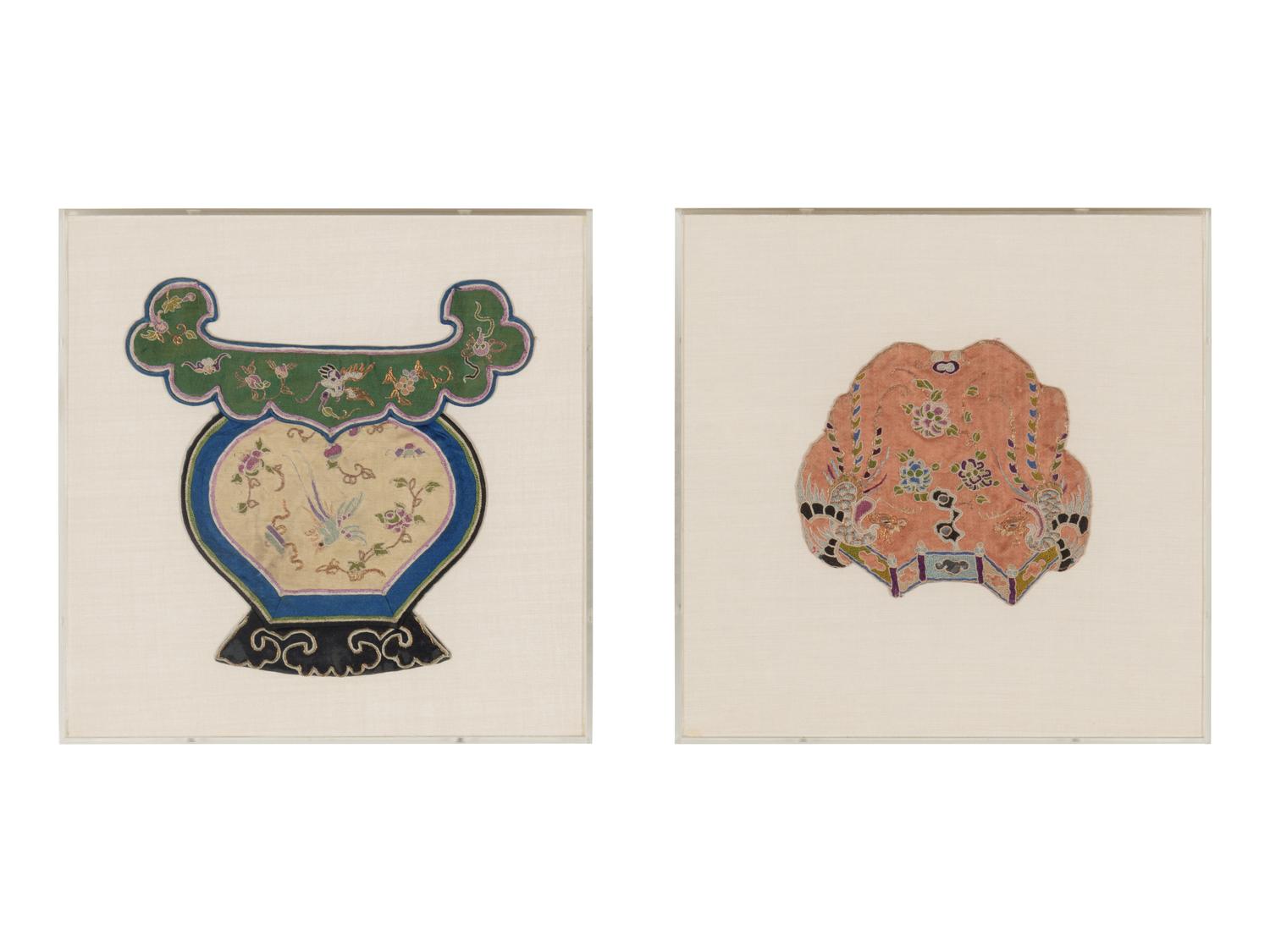 Two Chinese Embroidered Silk Textile Fragments
