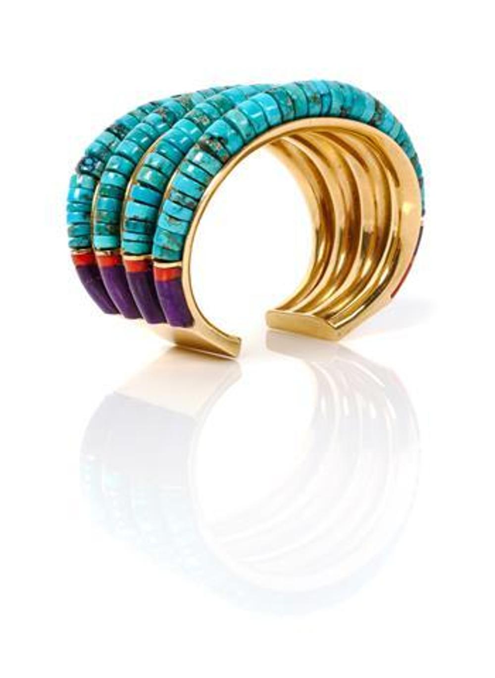 A Gold, Turquoise, Coral, Sugilite Bracelet