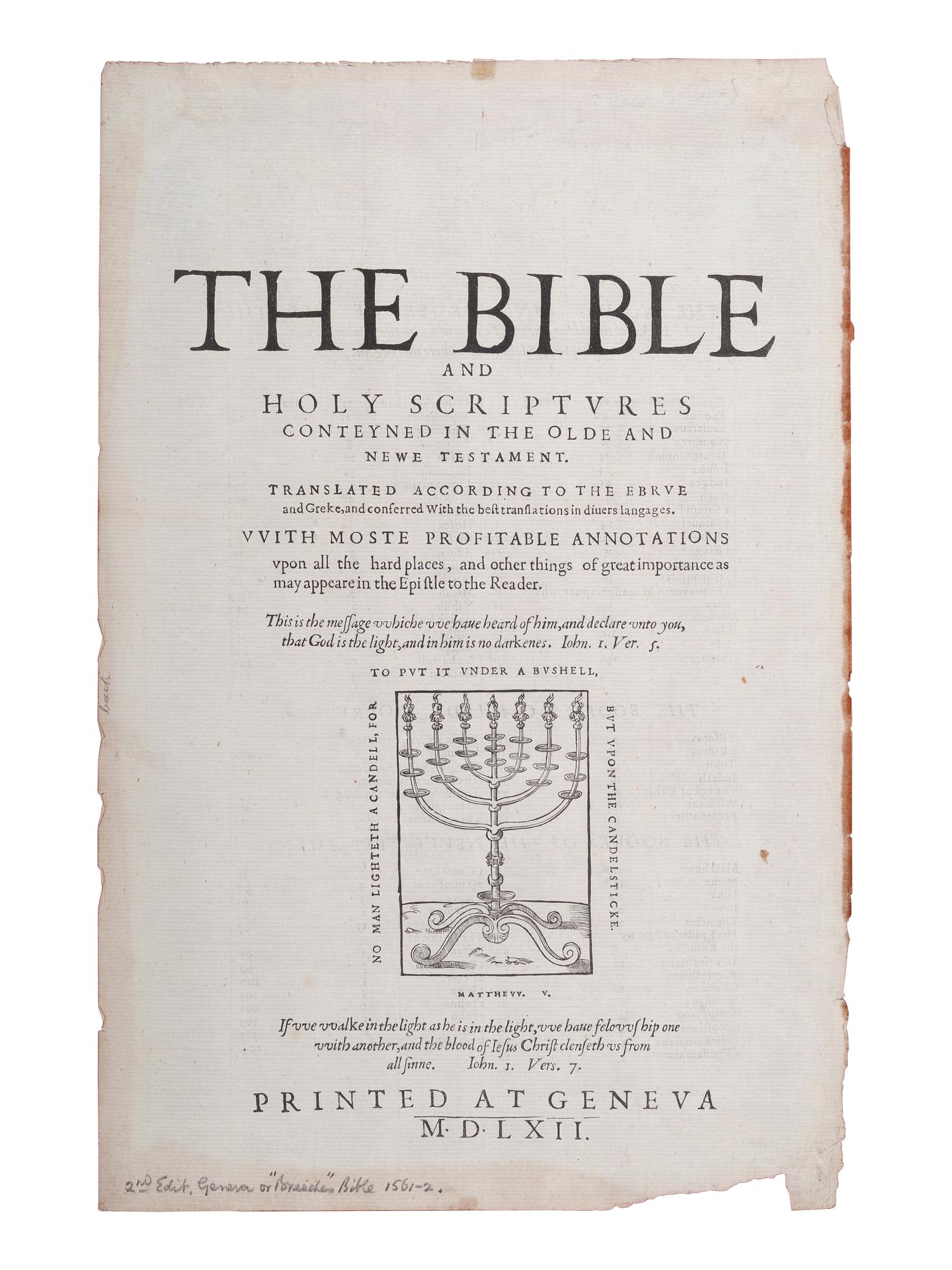[BIBLE LEAVES - ENGLISH - 16TH AND 17TH CENTURIES]. A group of 8 Bible leaves in English, comprising: