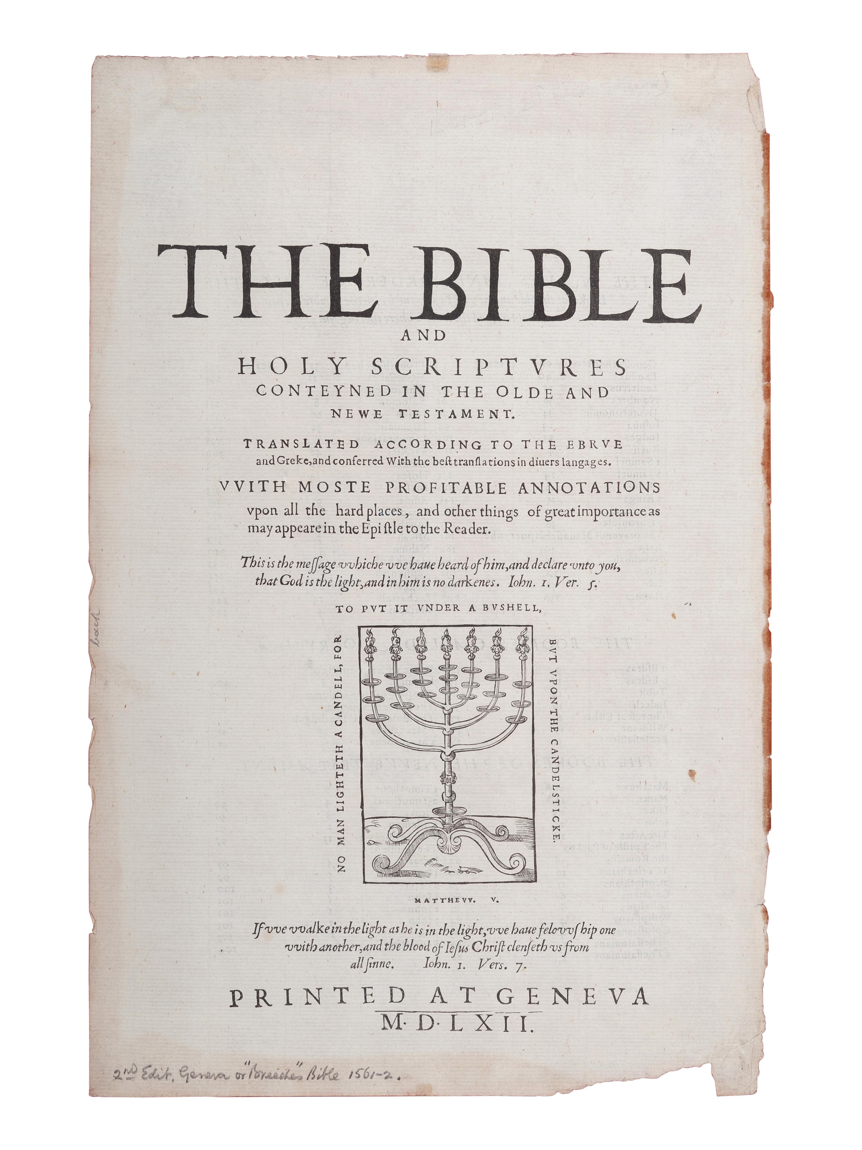 [BIBLE LEAVES - ENGLISH - 16TH AND 17TH CENTURIES]. A group of 8 Bible leaves in English, comprising: