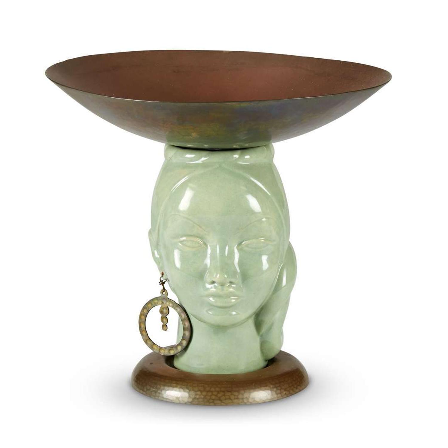An unusual Arts and Crafts copper-mounted green glazed earthenware compote Dirk van Erp (1862-1933) Studio, Oakland and San Francisco, CA, second